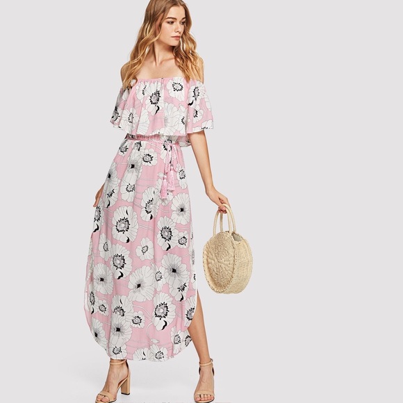 Dresses & Skirts - Off-Shoulder Side Slit Pink Floral Maxi Dress